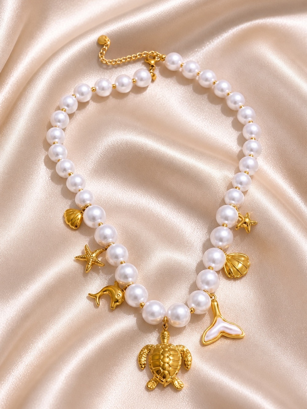 Gold Turtle Pearl Sea Life Charm Necklace